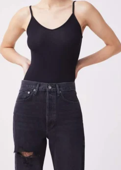 New - Spaghetti Strap V Neck Bodysuit - Black Bodysuits