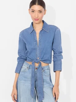 Fashion - Hannon Tie Front Blouse - Medium Indigo Chambray Blouses