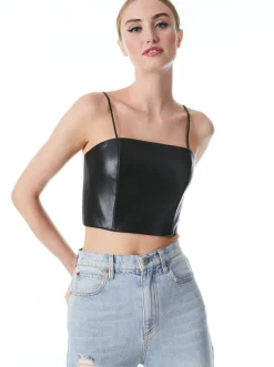 New - Pearle Vegan Leather Spaghetti Strap Bustier - Black Crop Tops