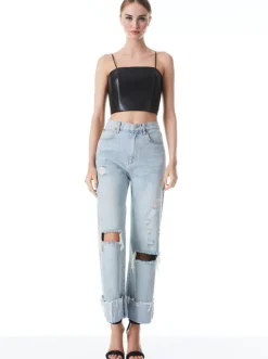 New - Pearle Vegan Leather Spaghetti Strap Bustier - Black Crop Tops