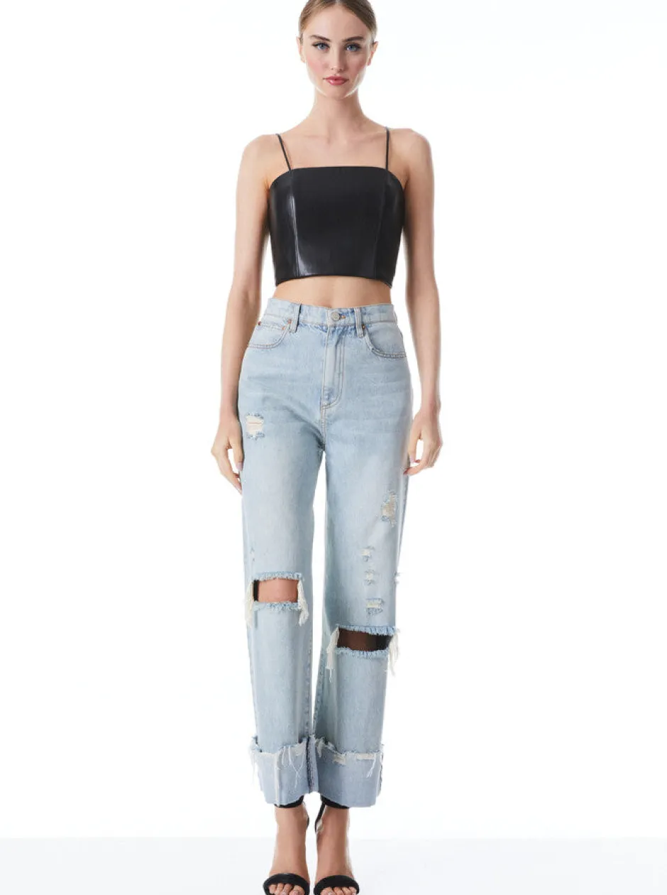 New - Pearle Vegan Leather Spaghetti Strap Bustier - Black Crop Tops