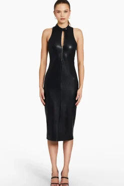 Fashion - Declan Dress In Faux Leather - Black Dresses | Midi