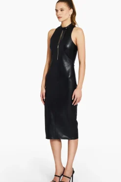 Fashion - Declan Dress In Faux Leather - Black Dresses | Midi