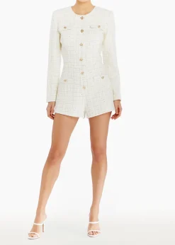 New - Fallon Long Sleeve Tweed Romper - White/Gold Rompers