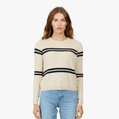 Clearance - Cropped Panel Rib Crew - Natural/Navy Blue Sweaters & Knits