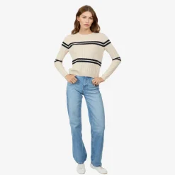 Clearance - Cropped Panel Rib Crew - Natural/Navy Blue Sweaters & Knits
