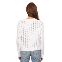 Fashion - Cropped V-Neck Cardigan w/ Pointelle Ladder Stitch - Bleach White Sweaters & Knits