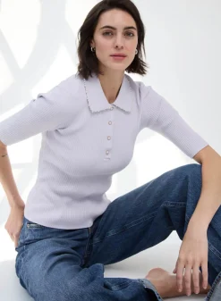 New - Pearl Trimmed Polo - Ice Lavender Sweaters & Knits