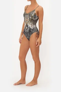 Discount - Scoop Neck Lace Up Side One Piece - Night Owl One Piece
