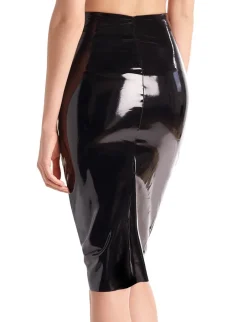 Clearance - Faux Patent Leather Midi Skirt - Black Long Skirts