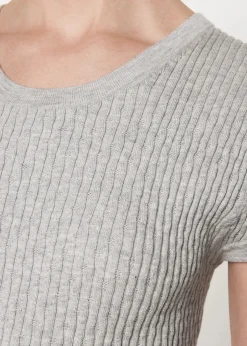 Sale - Cashmere Cotton Pointelle Cap Sleeve Crew - Light Heather Grey Crop Tops