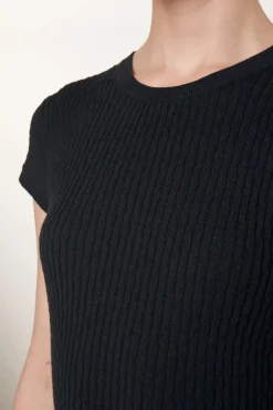 Discount - Cashmere Cotton Pointelle Cap Sleeve Crew - Black Crop Tops
