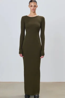 Hot - Long Sleeve Crewneck Maxi Dress - Moss Dresses | Long Dresses