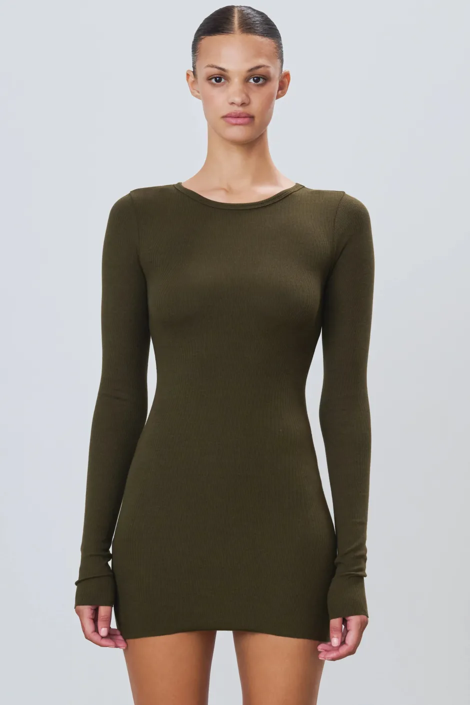 Hot - Long Sleeve Crewneck Mini Dress - Moss Dresses | Mini Dresses