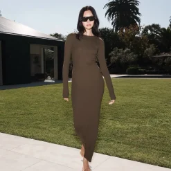 Hot - Long Sleeve Crewneck Maxi Dress - Moss Dresses | Long Dresses