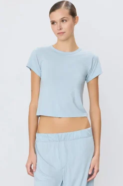 Discount - Short Sleeve Baby Tee - Dusty Blue Crop Tops