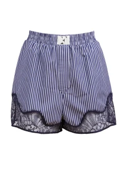 Hot - Cotton Poplin and Lace Boxer - Navy Stripe Shorts