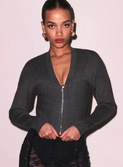 Discount - Knit Zip Bustier Cardigan - Dark Heather Grey Sweaters & Knits