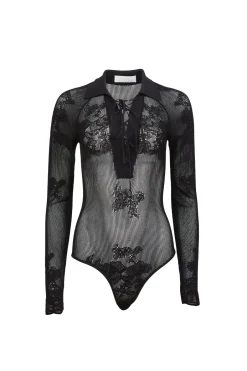 New - Lace Pointelle Collared Bodysuit - Black Bodysuits