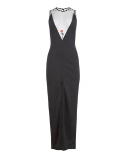 Best - Rose Spine Embroidery High Slit Maxi Dress - Black Dresses