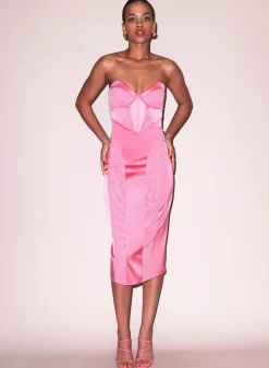 Best - Satin and Mesh Bustier Midi Dress - Pink Obsession Midi | Midi Dresses