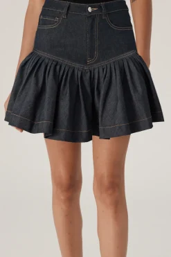 Outlet - Aurora Sheen Denim Skirt - Dark Denim Blue Mini Skirts