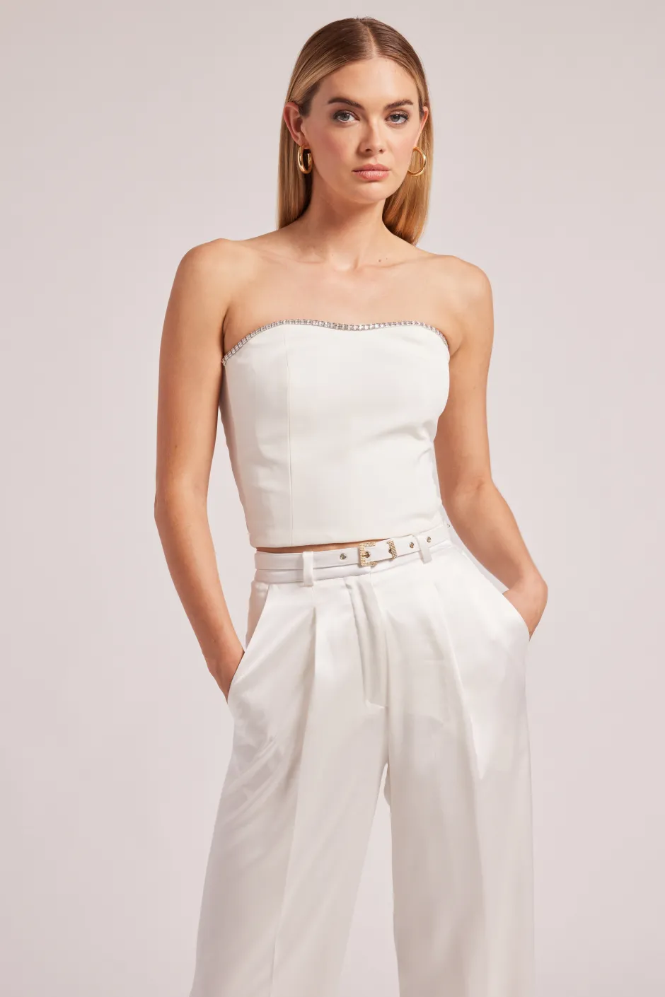 New - Ettie Crystal Crepe Bustier - White Crop Tops