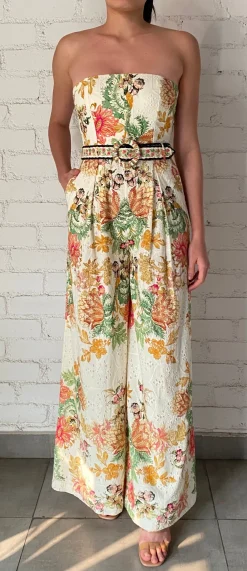 Best - Jumpsuit With Buckle Belt - Black Off White Floral Pants Jumpsuits