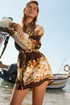 Hot - Short Dress with Buckle Belt - Brown Mix Mini Dresses | Florals