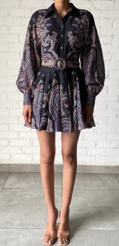 Sale - Short Dress With Buckle Belt - Black Mix Dresses | Mini Dresses
