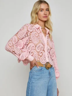 New - Odelia Cropped Lace Blouse - Blush Blouses