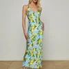 Outlet - Akiya Satin Maxi Dress - Sky Blue/Yellow Floral Lemon Long Dresses | Dresses
