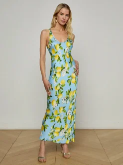 Outlet - Akiya Satin Maxi Dress - Sky Blue/Yellow Floral Lemon Long Dresses | Dresses