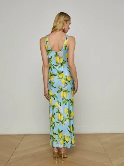 Outlet - Akiya Satin Maxi Dress - Sky Blue/Yellow Floral Lemon Long Dresses | Dresses