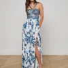 Hot - Annistyn Embellished Floral Gown - White/Blue Painterly Floral Long Dresses | Dresses