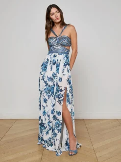 Hot - Annistyn Embellished Floral Gown - White/Blue Painterly Floral Long Dresses | Dresses