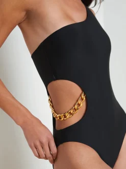 New - Ava Solid One Shoulder Cutout One-Piece - Black One Piece
