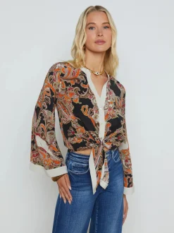 Fashion L’agence - Charlize Silk Blouse - Tonal Tan Paisley Medallion Blouses