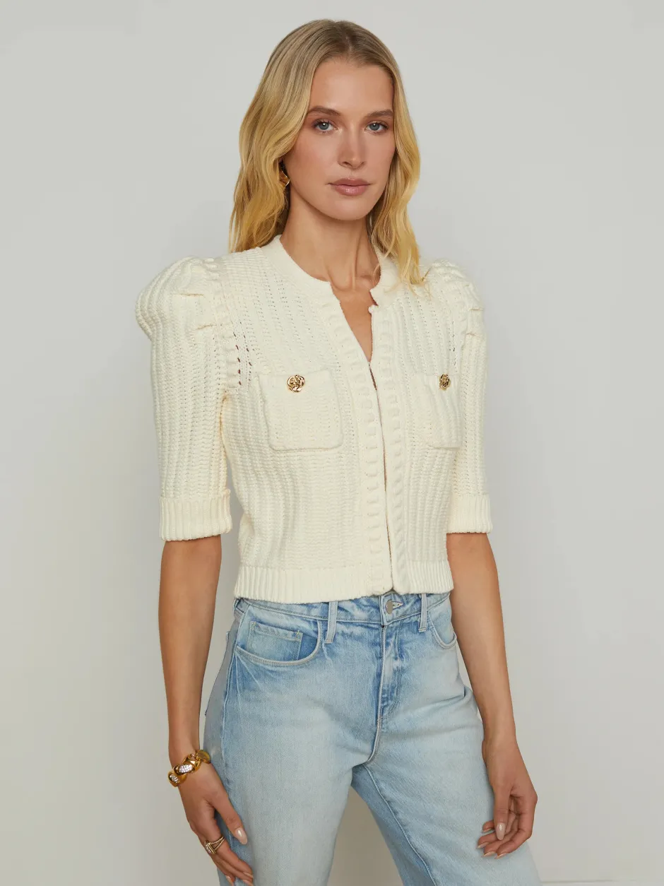 New L’agence - Delilah Cropped Cardigan - Vintage White/Gold Knot Sweaters & Knits