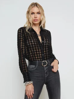 Sale L’agence - Hailey Blouse - Black Houndstooth Blouses