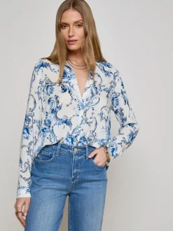 Outlet - Holly Blouse - White/Blue Baroque Swirl Blouses