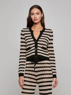 Outlet - Orla Pointelle Knit Cardigan - Black/Natural Stripe Sweaters & Knits