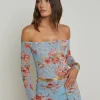 New - Peonie Off Shoulder Bodysuit - Blue Tapestry Floral Bodysuits