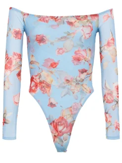 New - Peonie Off Shoulder Bodysuit - Blue Tapestry Floral Bodysuits