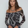 Fashion L’agence - Peonie Off the Shoulder Bodysuit - Black/White Buckle Chain Bodysuits