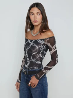 Fashion L’agence - Peonie Off the Shoulder Bodysuit - Black/White Buckle Chain Bodysuits