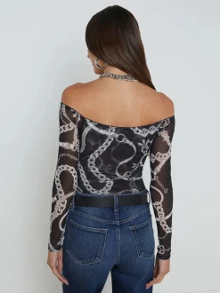 Fashion L’agence - Peonie Off the Shoulder Bodysuit - Black/White Buckle Chain Bodysuits