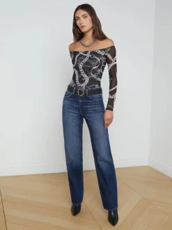 Fashion L’agence - Peonie Off the Shoulder Bodysuit - Black/White Buckle Chain Bodysuits