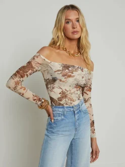 New L’agence - Peonie Off-The-Shoulder Bodysuit - Ecru Multi Tapestry Jungle Bodysuits