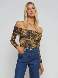 Best - Peonie Off-The-Shoulder Bodysuit - Black/Gold Barocco Swirl Bodysuits